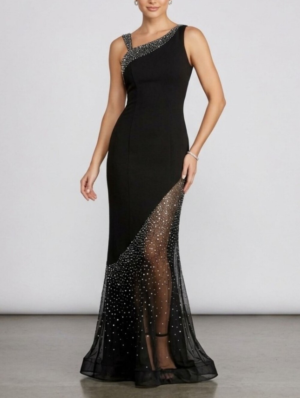 VTG Cassandra Stone Black Beaded Rhinestone Asymmetric Formal Gown 6 Y2K